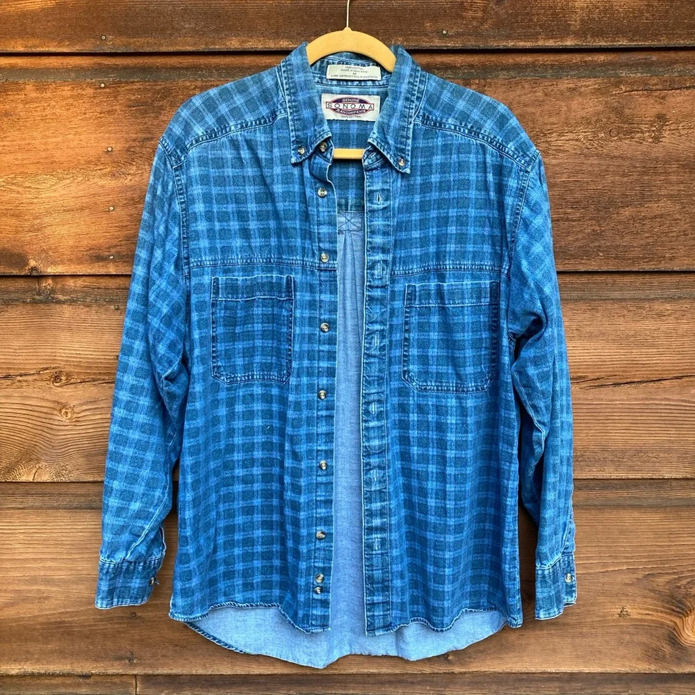Plaid Denim 90s Button-Up Vintage Sonoma - Picture 1 of 8